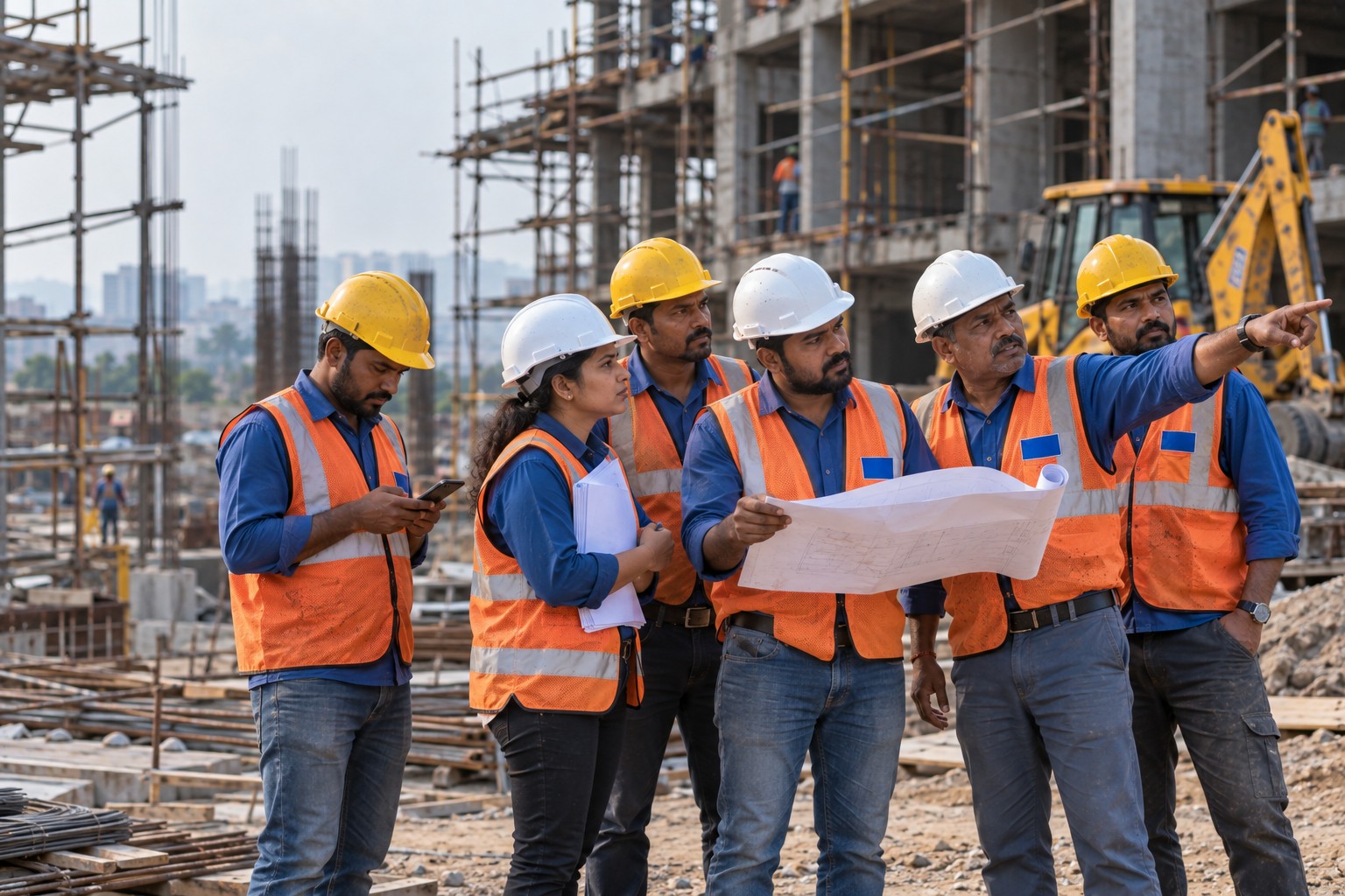 MGP leadership and senior engineering team photographed together outside the Dhankawadi office or on a live project site — the human face behind the licences.