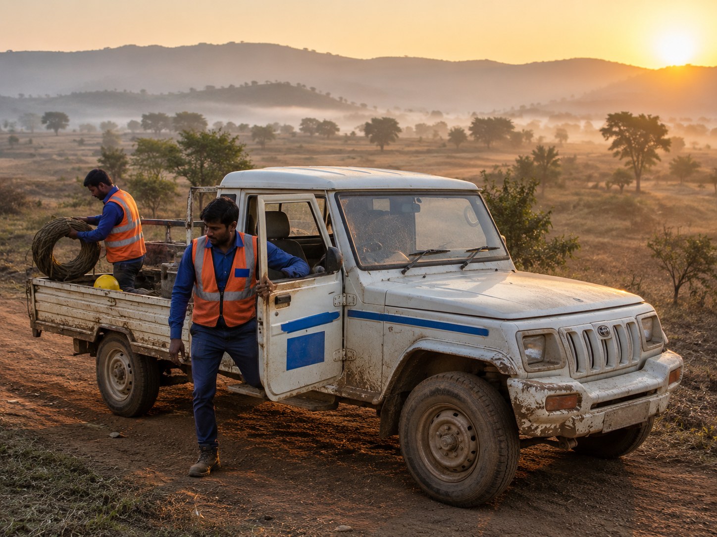 MGP crew and branded vehicle on a highway or arriving at a rural Maharashtra site — conveys statewide mobility.