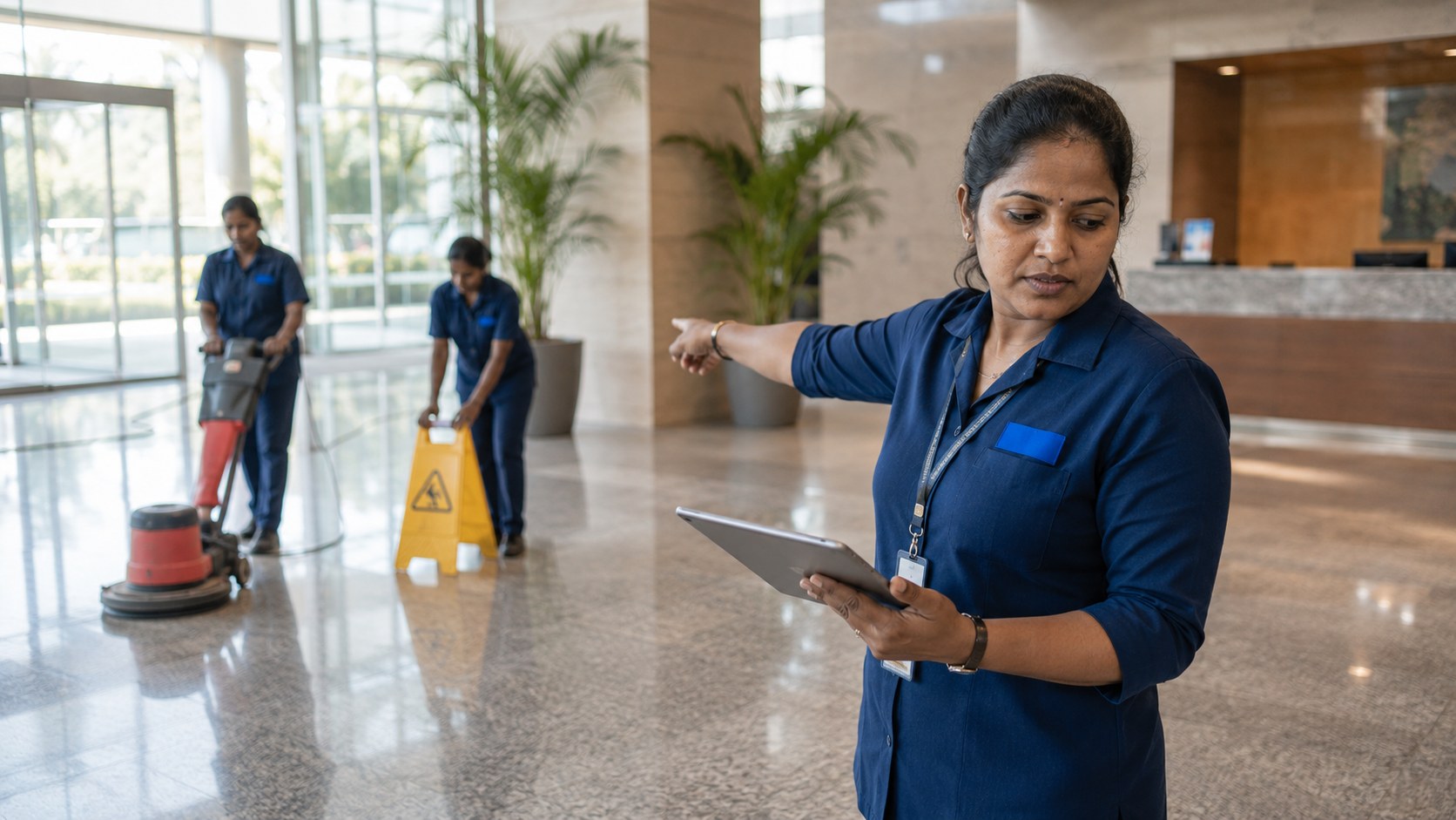 MGP facility supervisor with a tablet reviewing a floor plan alongside a deployed housekeeping team in a corporate lobby.