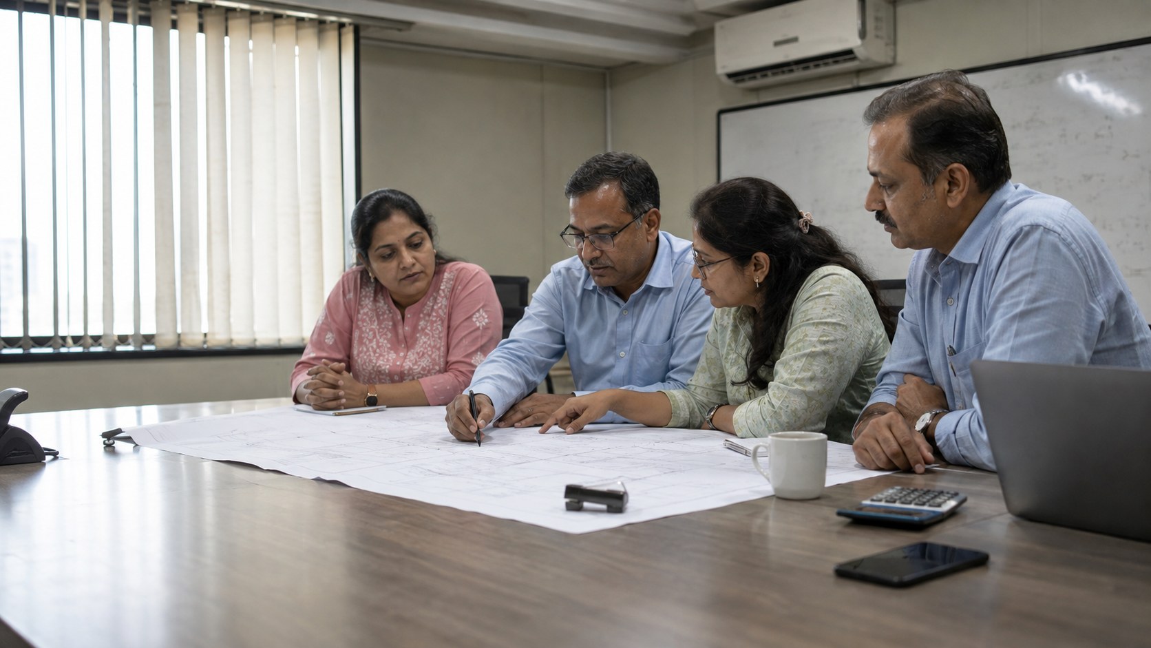MGP senior team reviewing a tender or RFQ document across a table with drawings and a laptop — conveys a corporate-facing, organised bidding process.