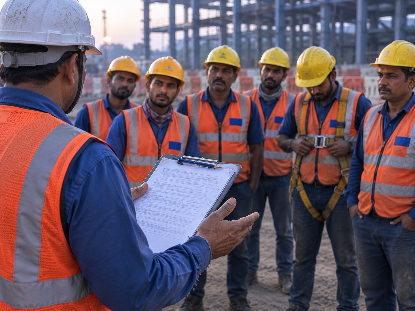 Toolbox talk in progress on a live MGP site — supervisor briefing a full crew in helmets and harnesses, risk assessment sheet on a clipboard, work area barricaded behind them.