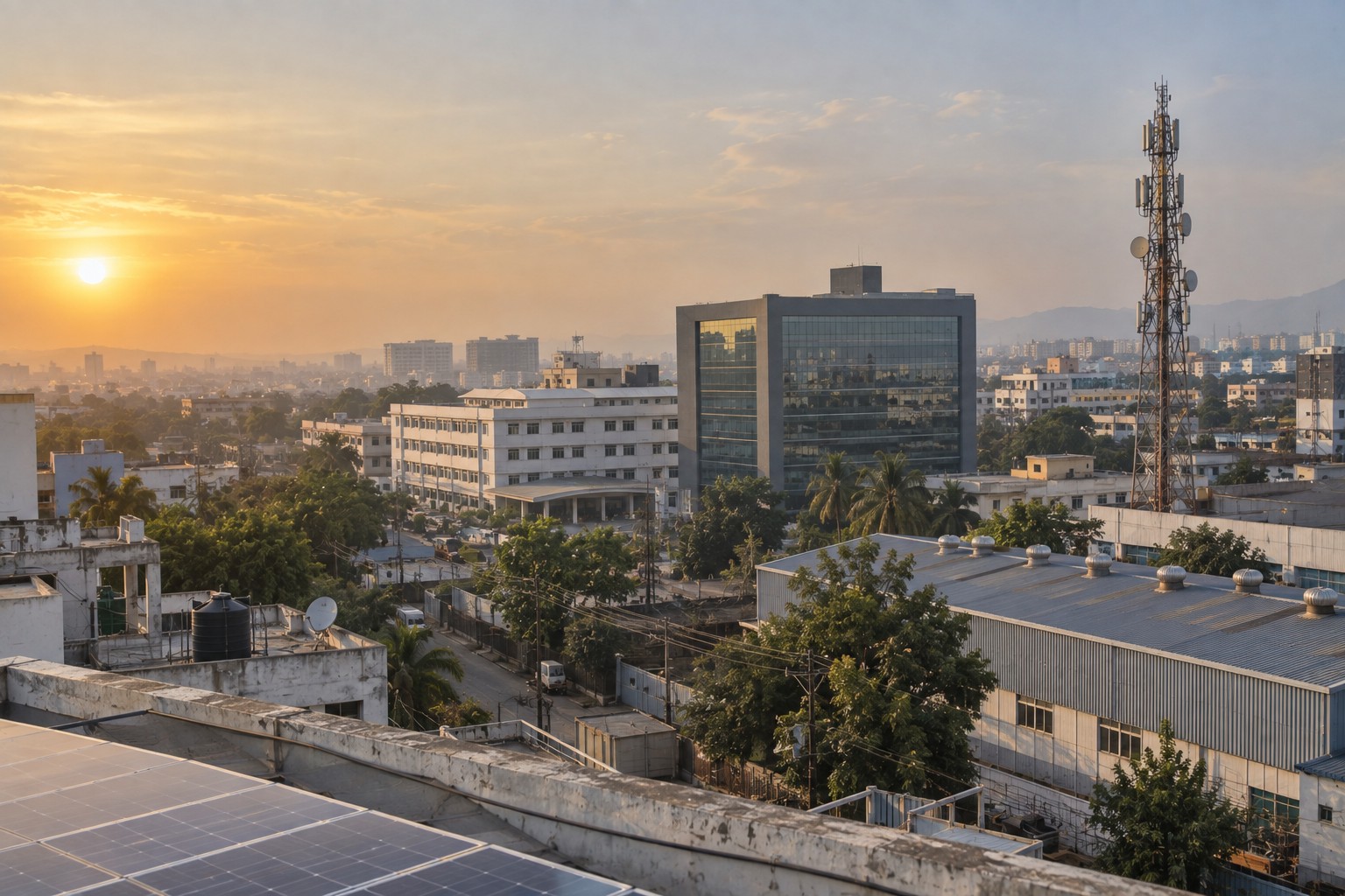 Montage or wide shot showing MGP work across sectors — a telecom site, a hospital corridor, an industrial plant and a corporate campus.