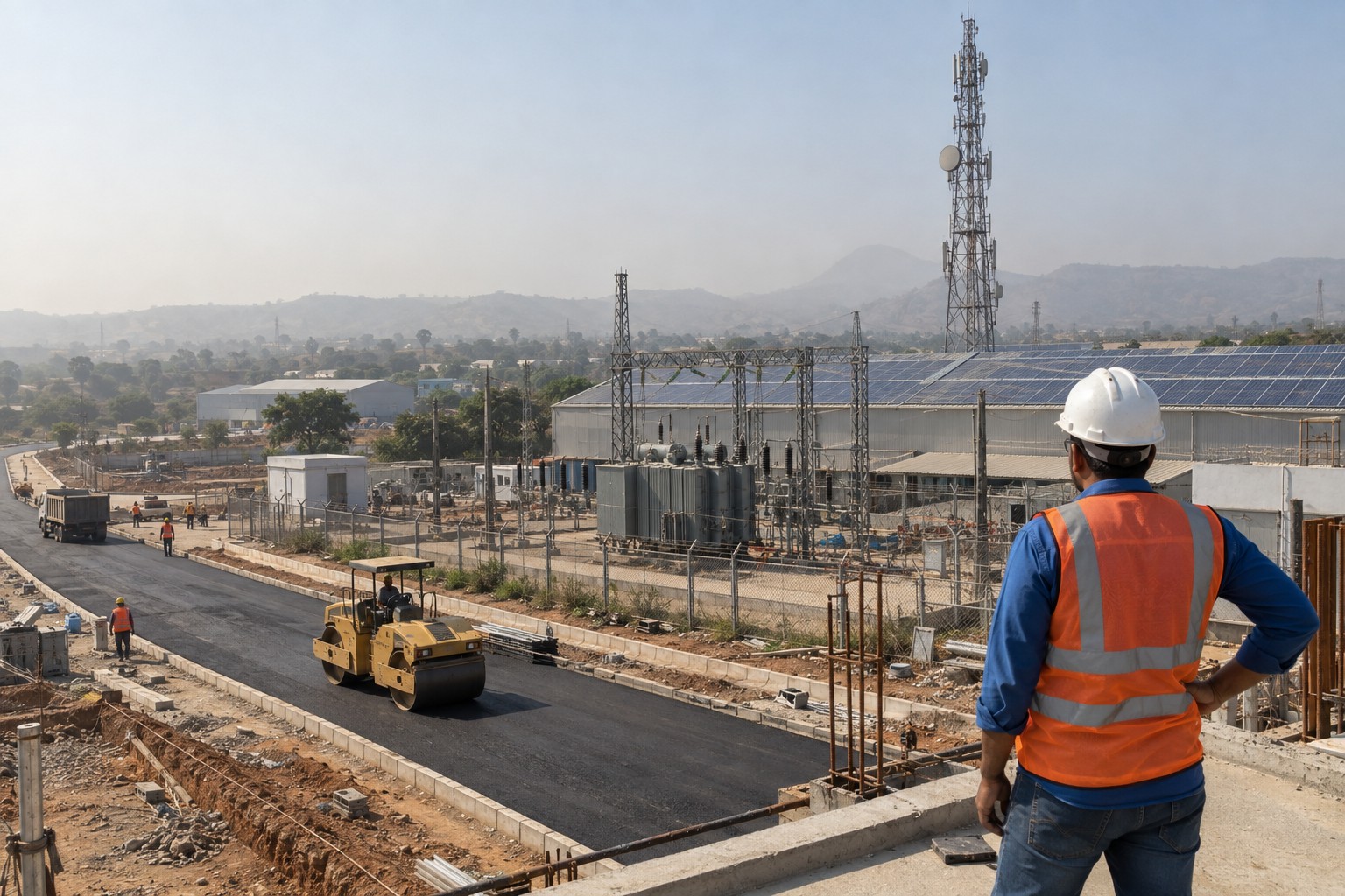 Composite establishing shot of MGP work across all six verticals — tower, road, substation, solar array and facility team — in one frame or as a montage.