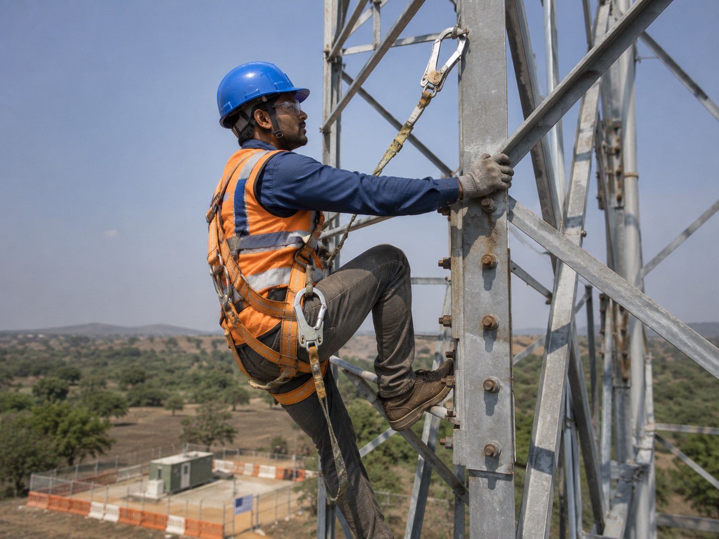 MGP crew in complete PPE — helmets, harnesses, high-visibility vests — working at height on a tower or structure, with barricading and signage visible at ground level.