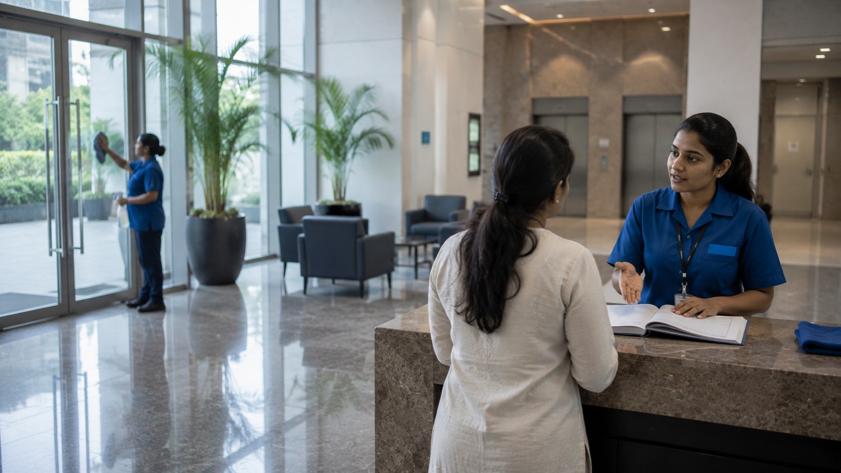 Corporate campus lobby, spotless floor and maintained plants, MGP front office executive at the reception desk.