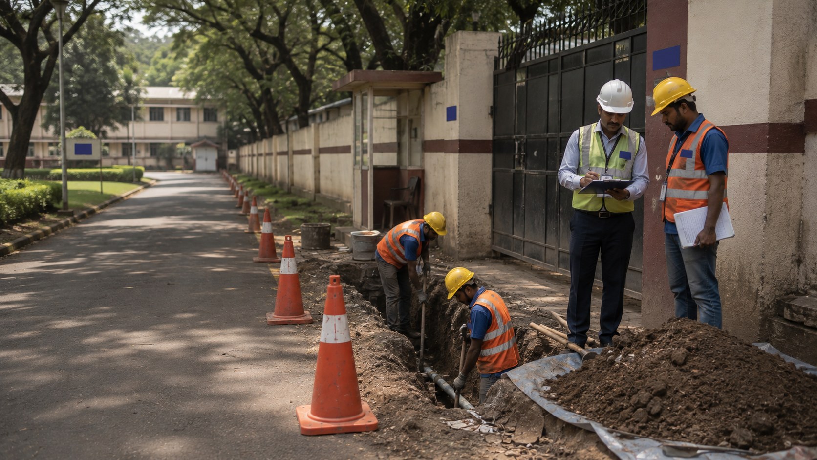 Institutional campus with a secure boundary and MGP crew working under a documented site access protocol.