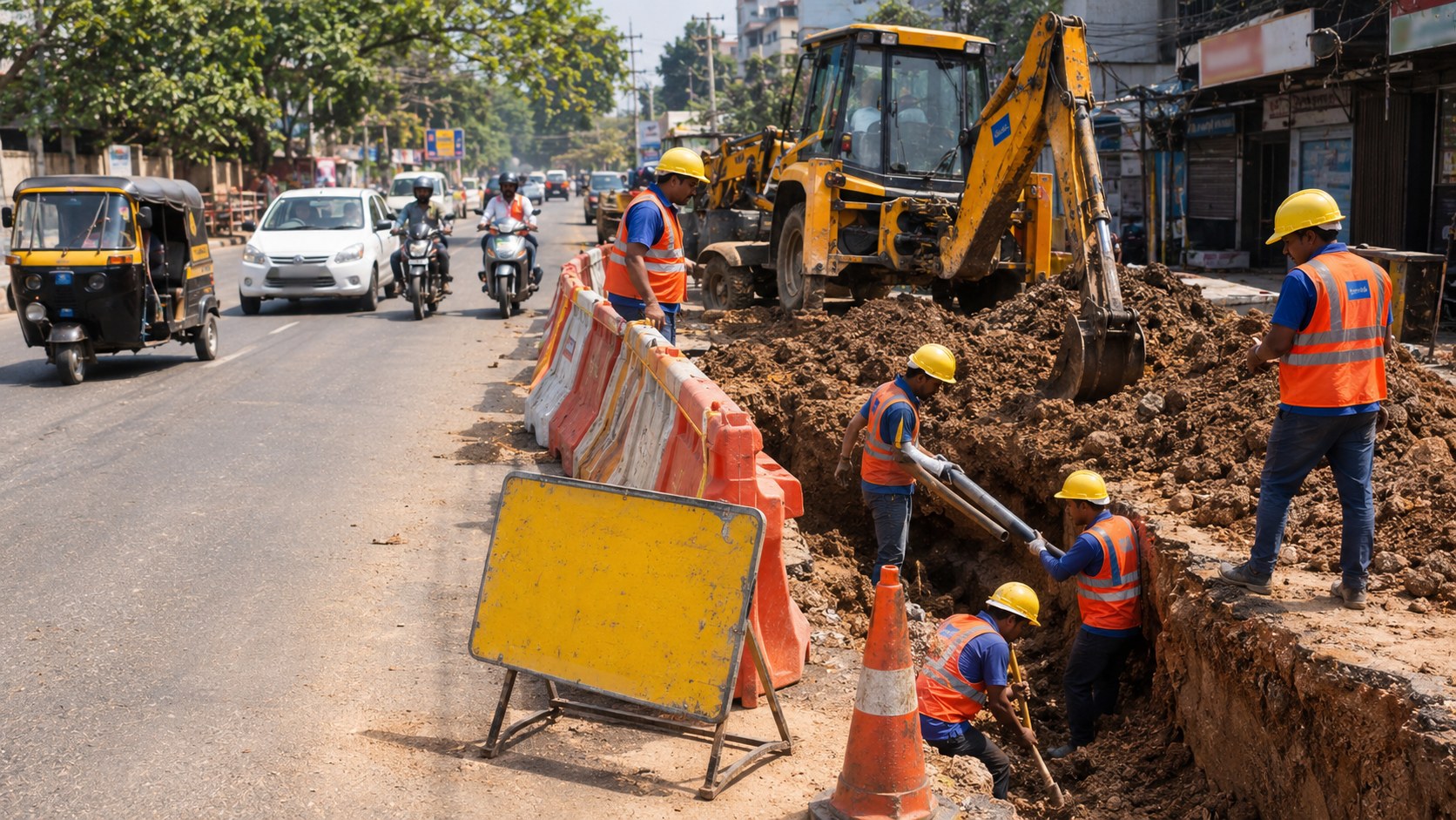 Municipal road works in progress with proper barricading and signage, MGP crew and public traffic safely separated.