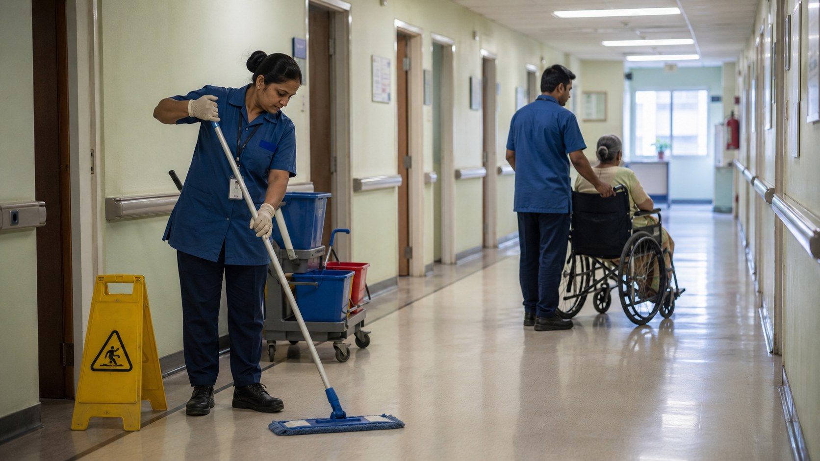 Clean hospital ward corridor with MGP housekeeping staff working to protocol and a ward boy assisting a patient.
