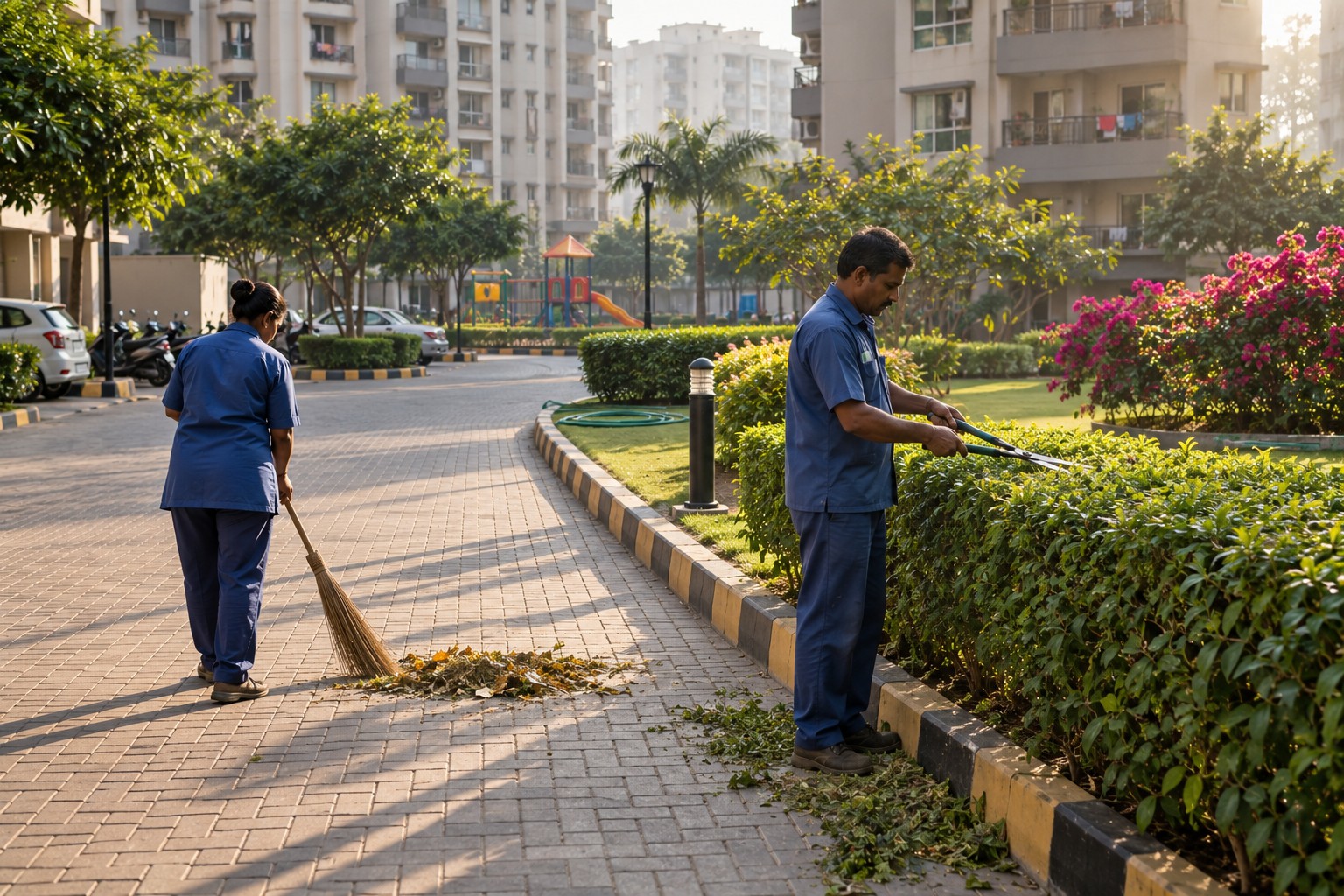 Well-maintained residential township common area with clean paving, trimmed garden and MGP staff at work.