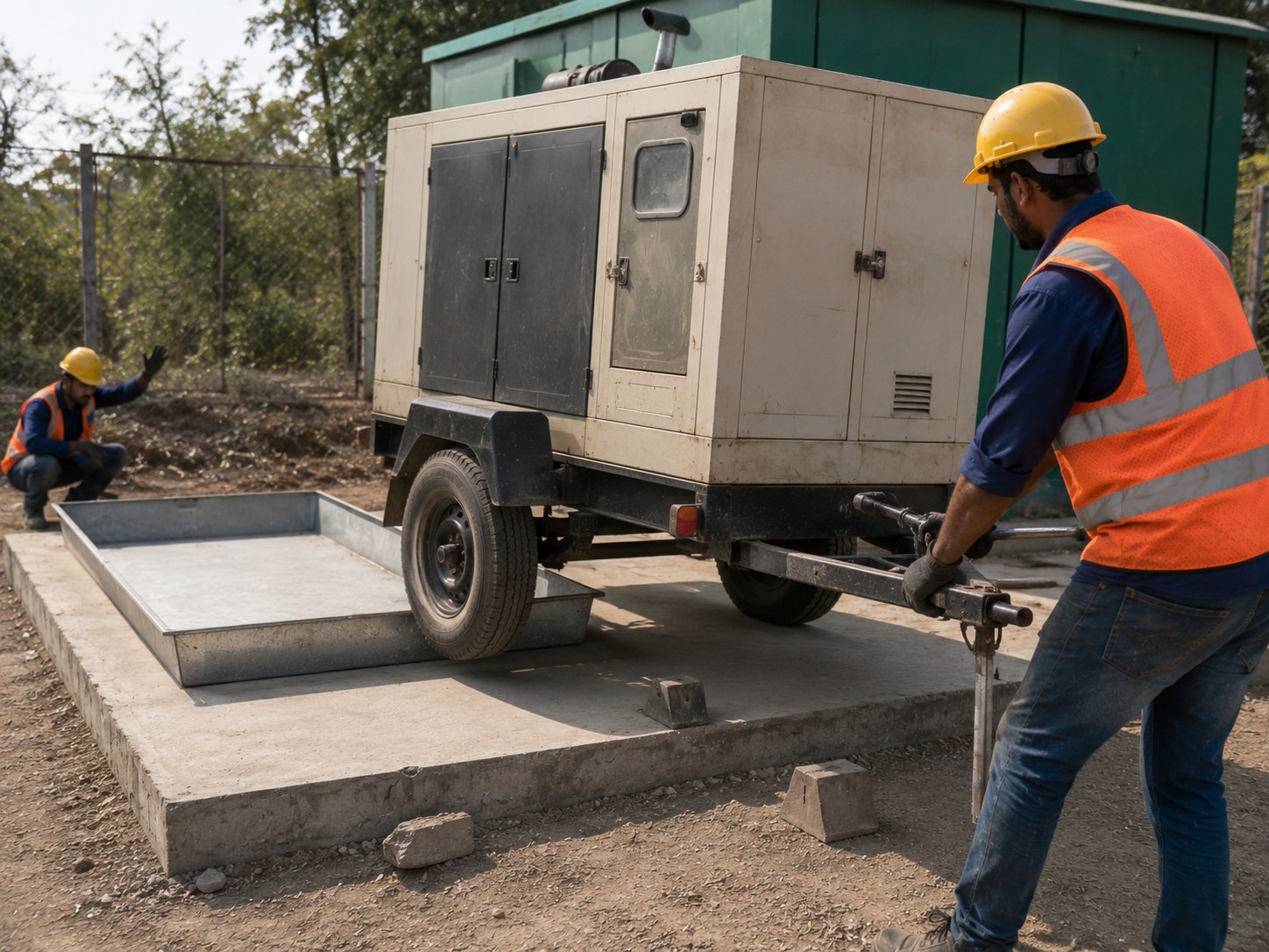 Trailer-mounted diesel generator being positioned at a site with containment tray.