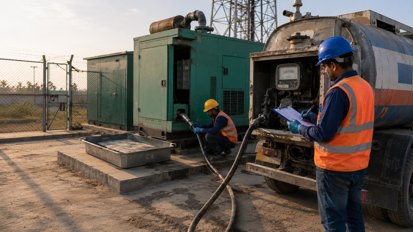 Mobile diesel bowser refuelling a generator at a telecom site, MGP operator recording meter reading on a form, spill tray in place.