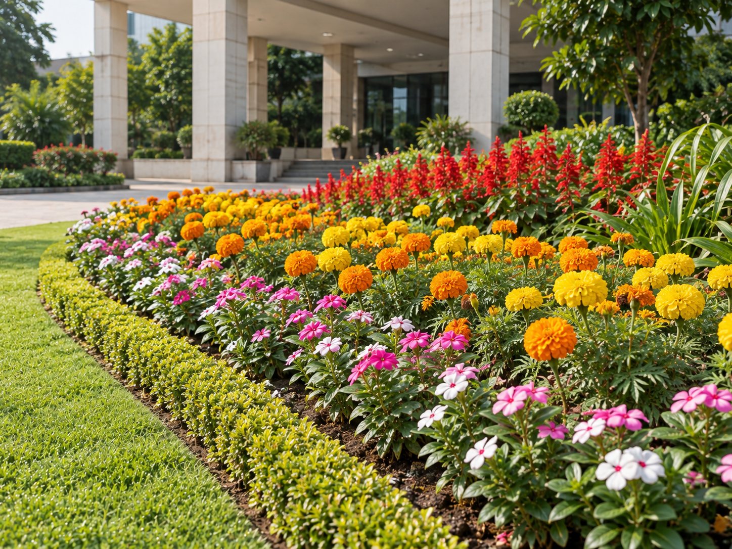 Seasonal flower bed in full bloom at an institutional entrance.