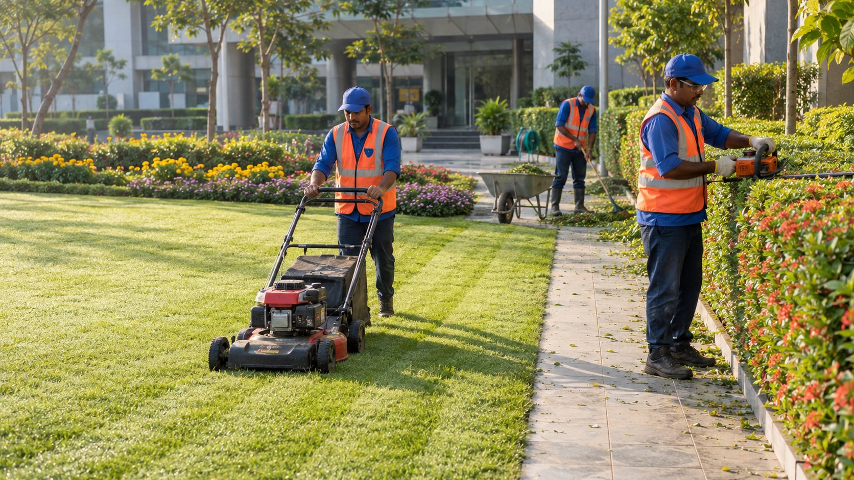 MGP gardeners maintaining a well-kept corporate campus lawn with mower and hedge trimmer, flowering beds and pathway in the frame.