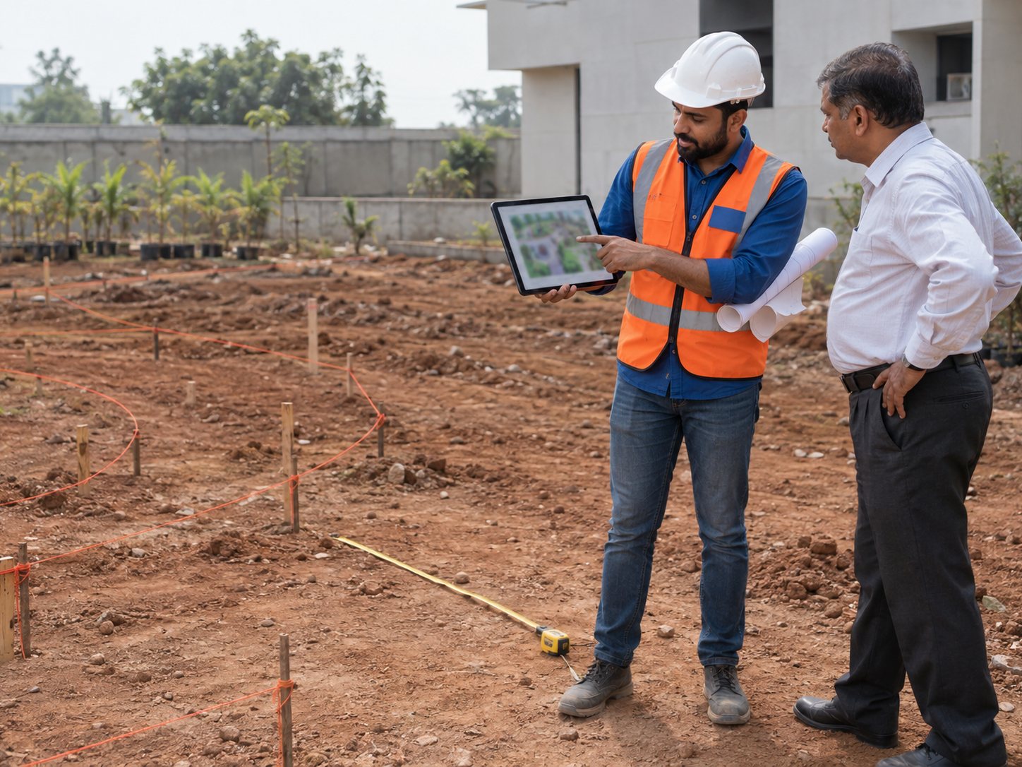 Landscape designer reviewing a 3D garden master plan with the client on site.