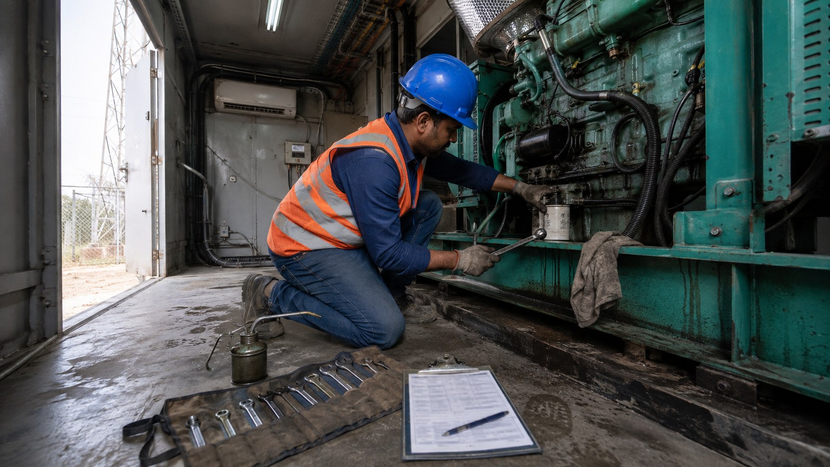 MGP technician performing preventive maintenance on a site diesel generator inside a telecom shelter, checklist and tool kit visible.