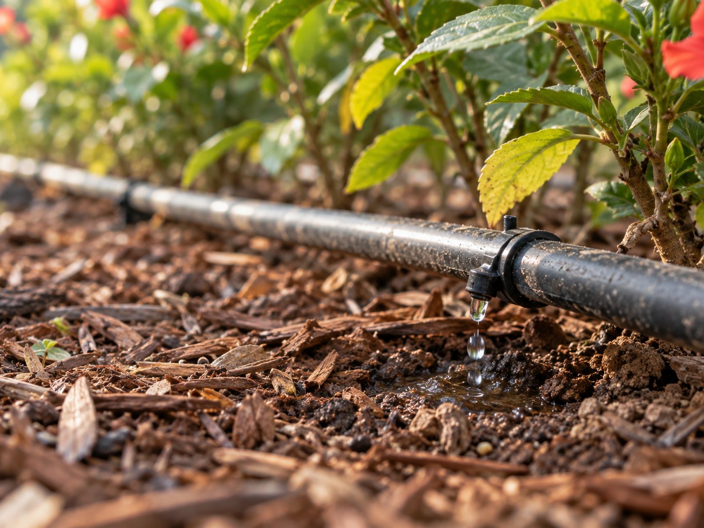 Drip irrigation line with emitters installed along a hedge bed.