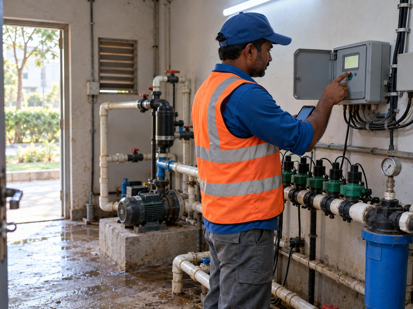 Multi-zone smart irrigation controller being programmed in a valve room.