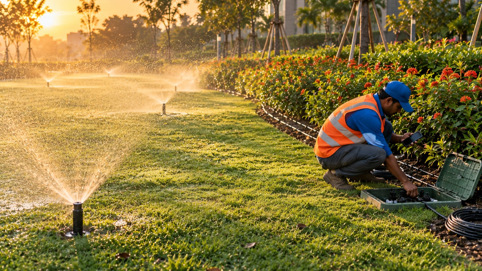 Pop-up sprinklers watering a lush campus lawn at sunrise with drip lines visible along a flowering bed, MGP technician adjusting a controller.