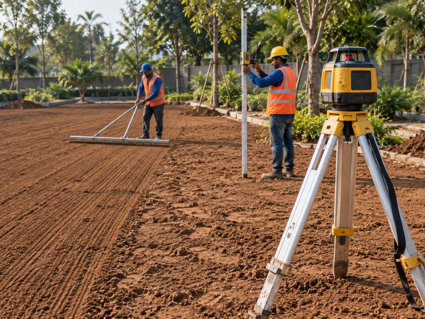 Laser levelling of a lawn subgrade before soil bed preparation.