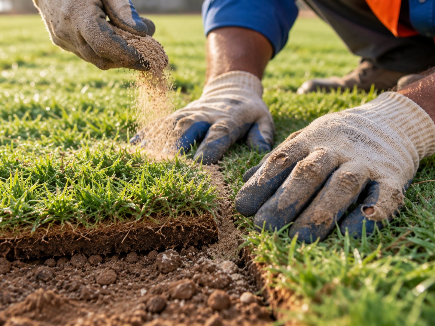 Close-up of turf joints being knitted and top-dressed.