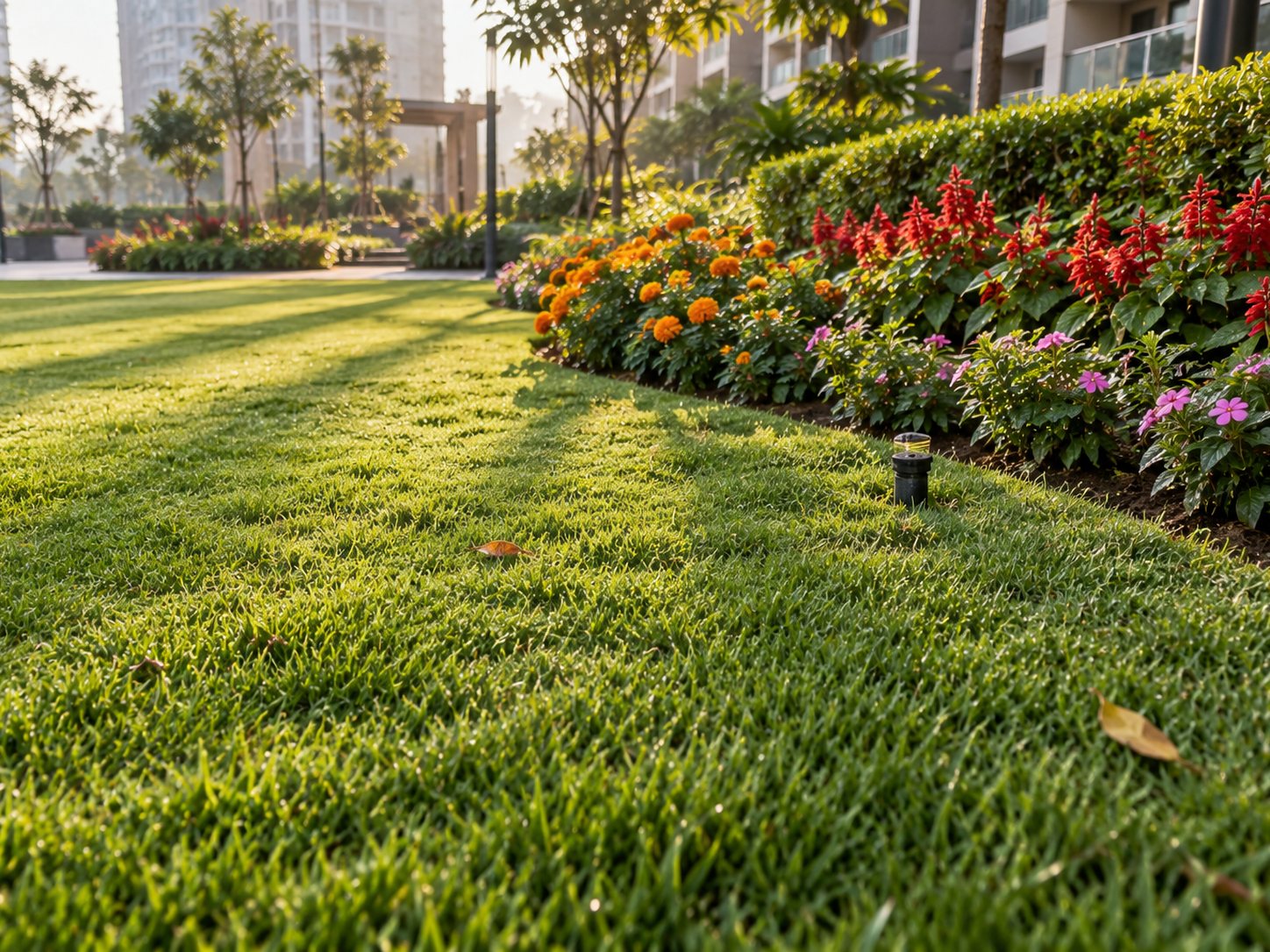 Dense, freshly mown Korean grass lawn beside a flowering border.