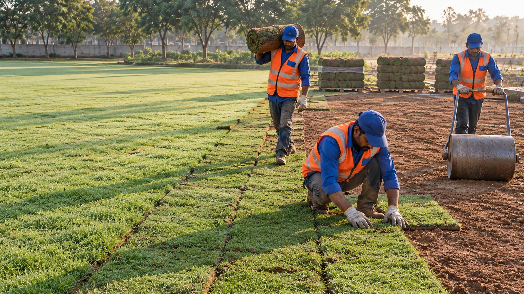 Fresh green turf rolls being laid in staggered pattern on a levelled campus lawn, MGP gardeners working with a roller.