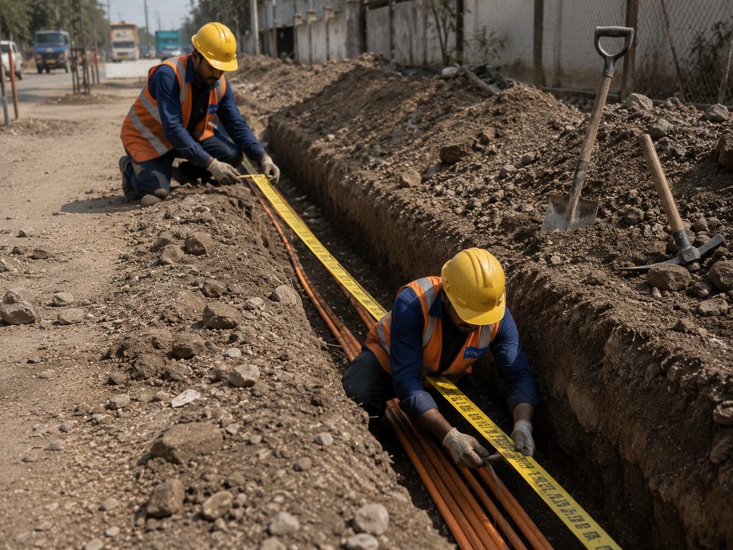 Open trench with HDPE duct and warning tape being laid, backfill crew working.