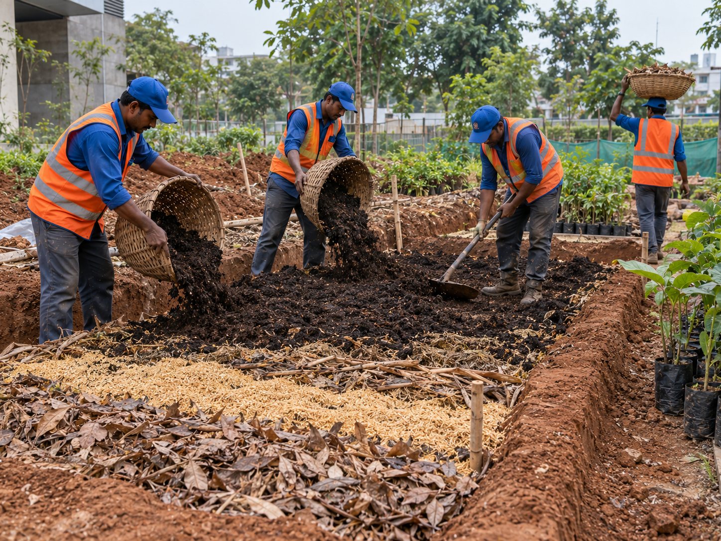 Miyawaki bed being enriched with biomass and compost before dense planting.