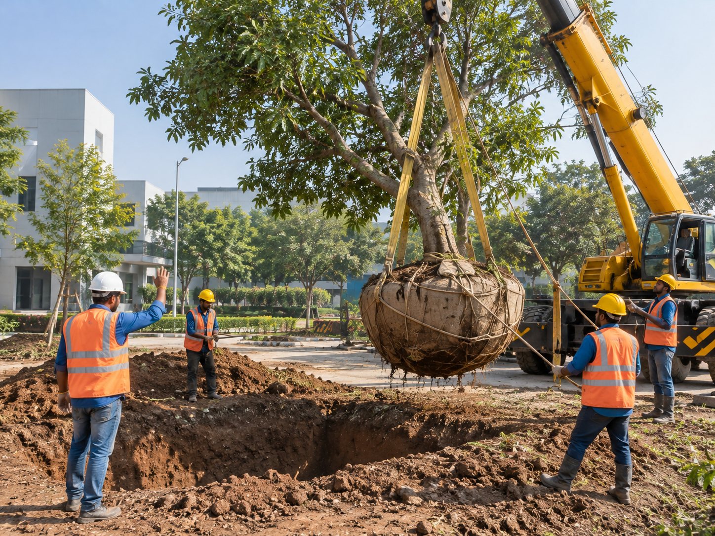 Large tree being transplanted with a root ball and crane.