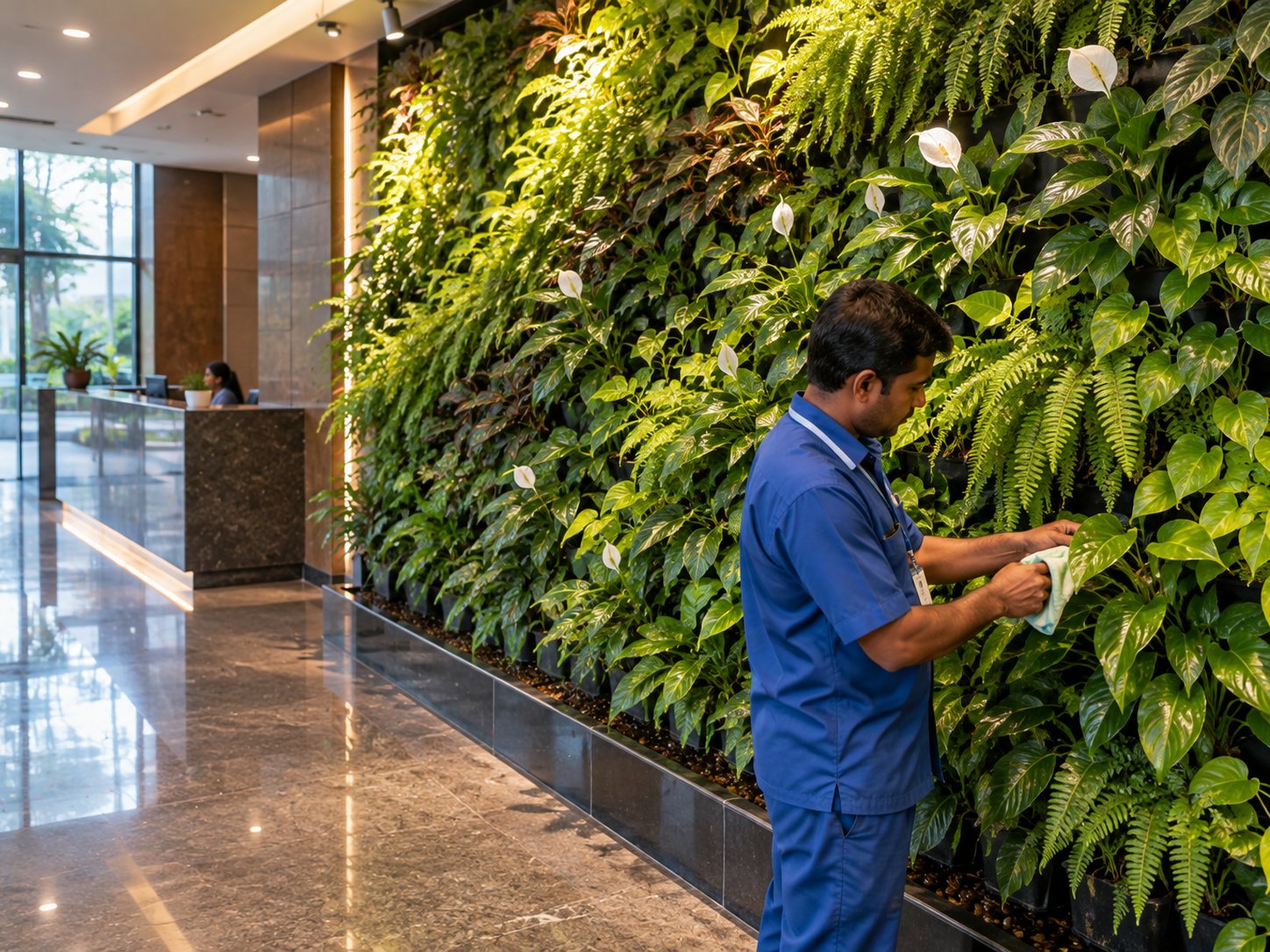 Indoor vertical garden in a corporate lobby.