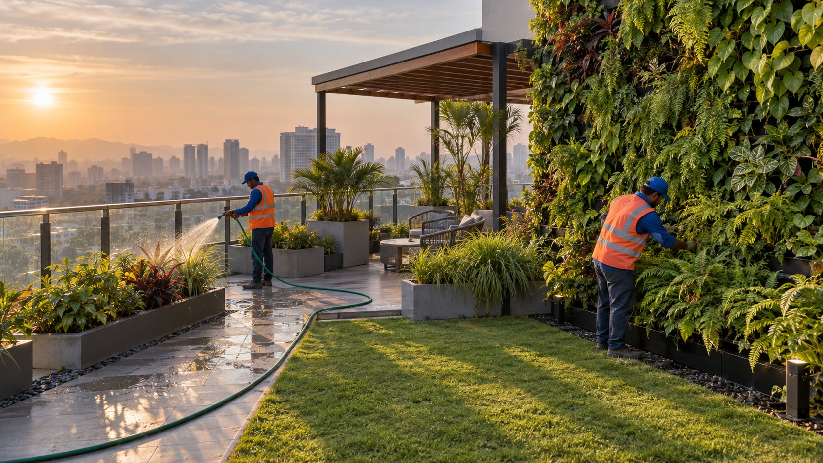Lush rooftop terrace garden on a commercial building with lawn, planters, pergola seating and a living green wall, city skyline behind.