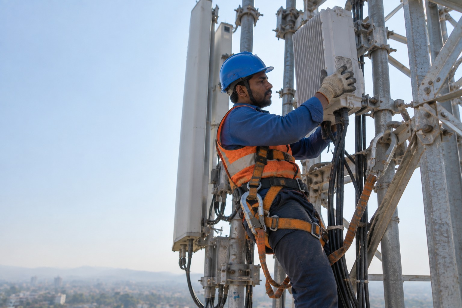 Antenna and RRU being mounted at height, technician clipped on with double lanyard.