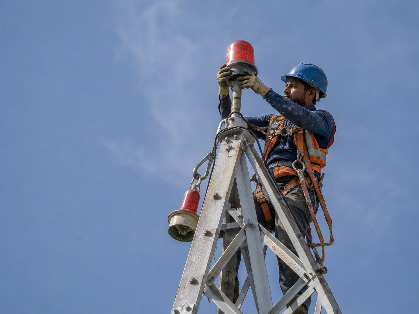 Aviation obstruction light being replaced at tower top.