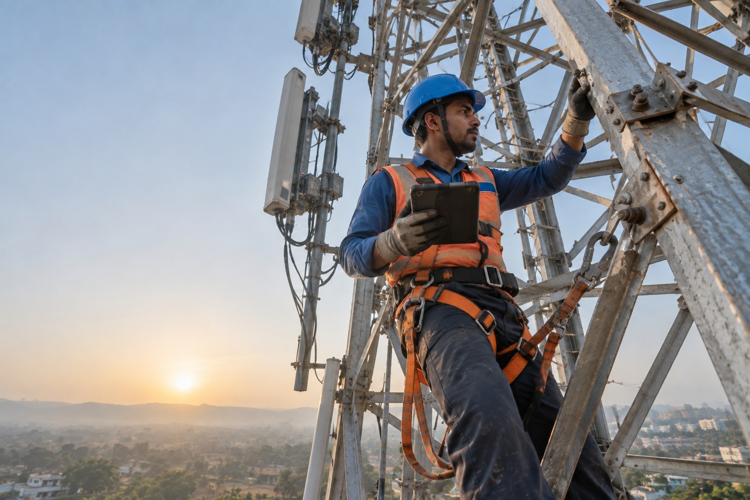 MGP technician inspecting tower members at height with a checklist tablet, safety harness clipped, morning light.
