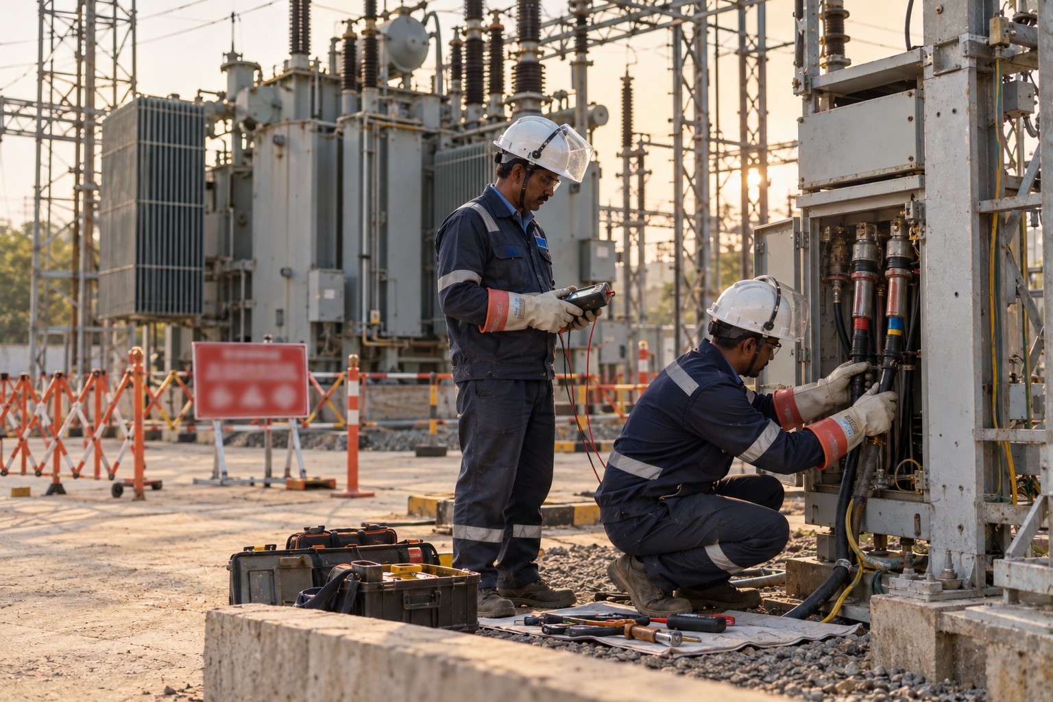 Commissioned outdoor transformer substation with HT switchgear, earthing and safety signage, MGP engineer with test instrument.