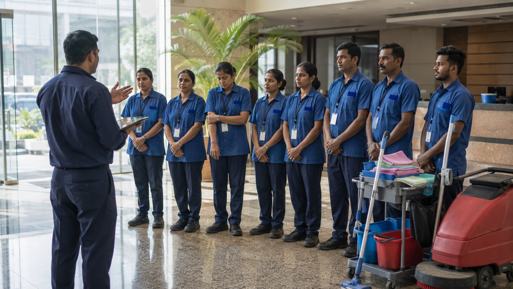 MGP housekeeping team in clean branded uniform with ID cards lined up for the morning briefing in a corporate lobby, supervisor with attendance tablet.