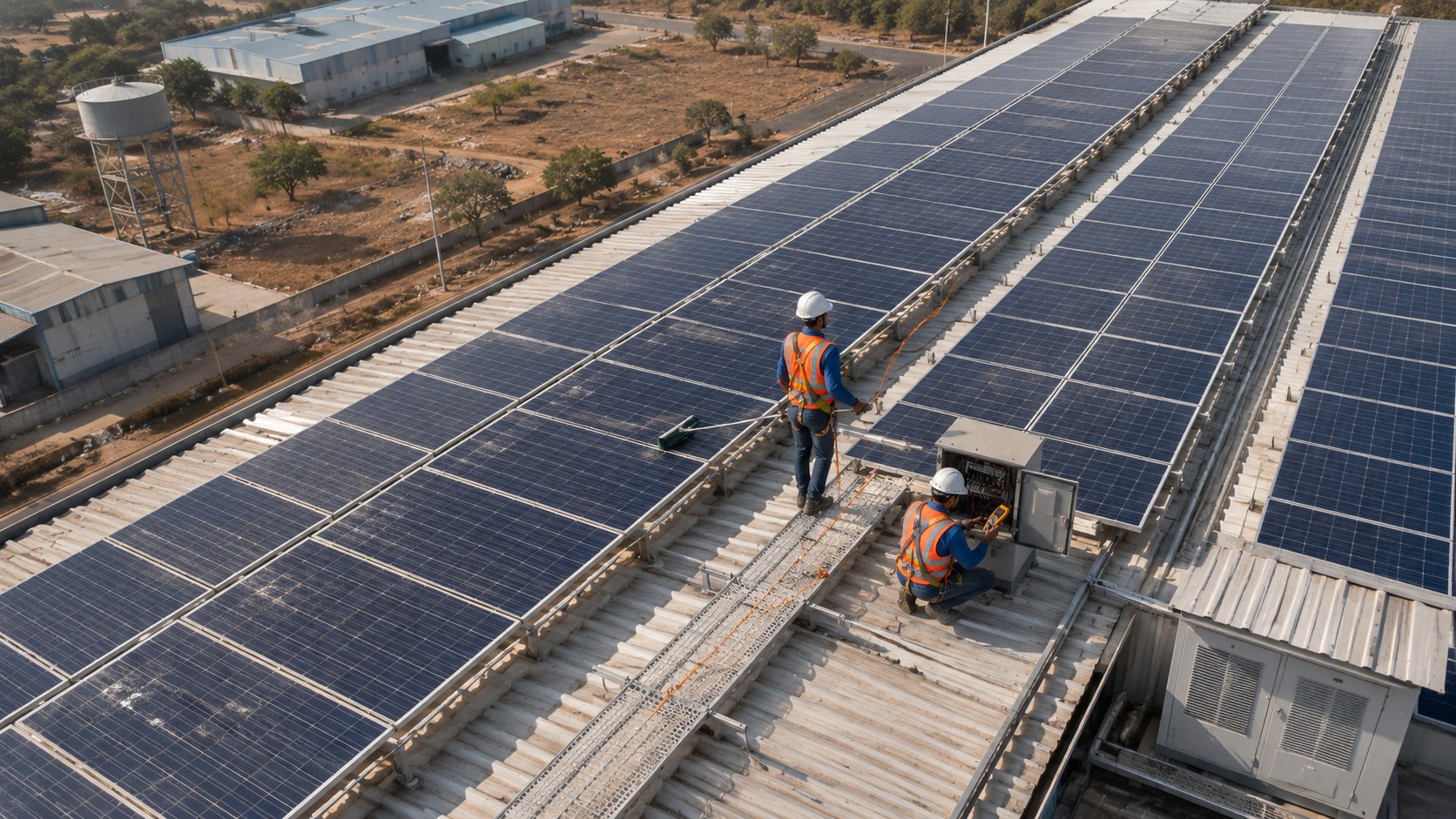 Completed rooftop solar array on an industrial shed viewed from above, MGP technicians walking an inspection round.