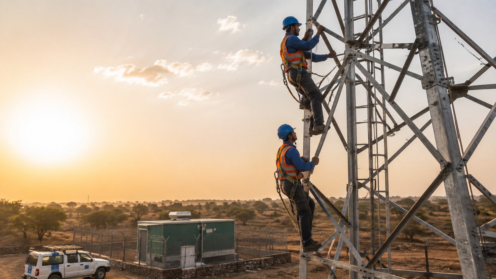 Telecom tower cluster site with MGP maintenance crew completing a preventive round, service vehicle parked at the compound.